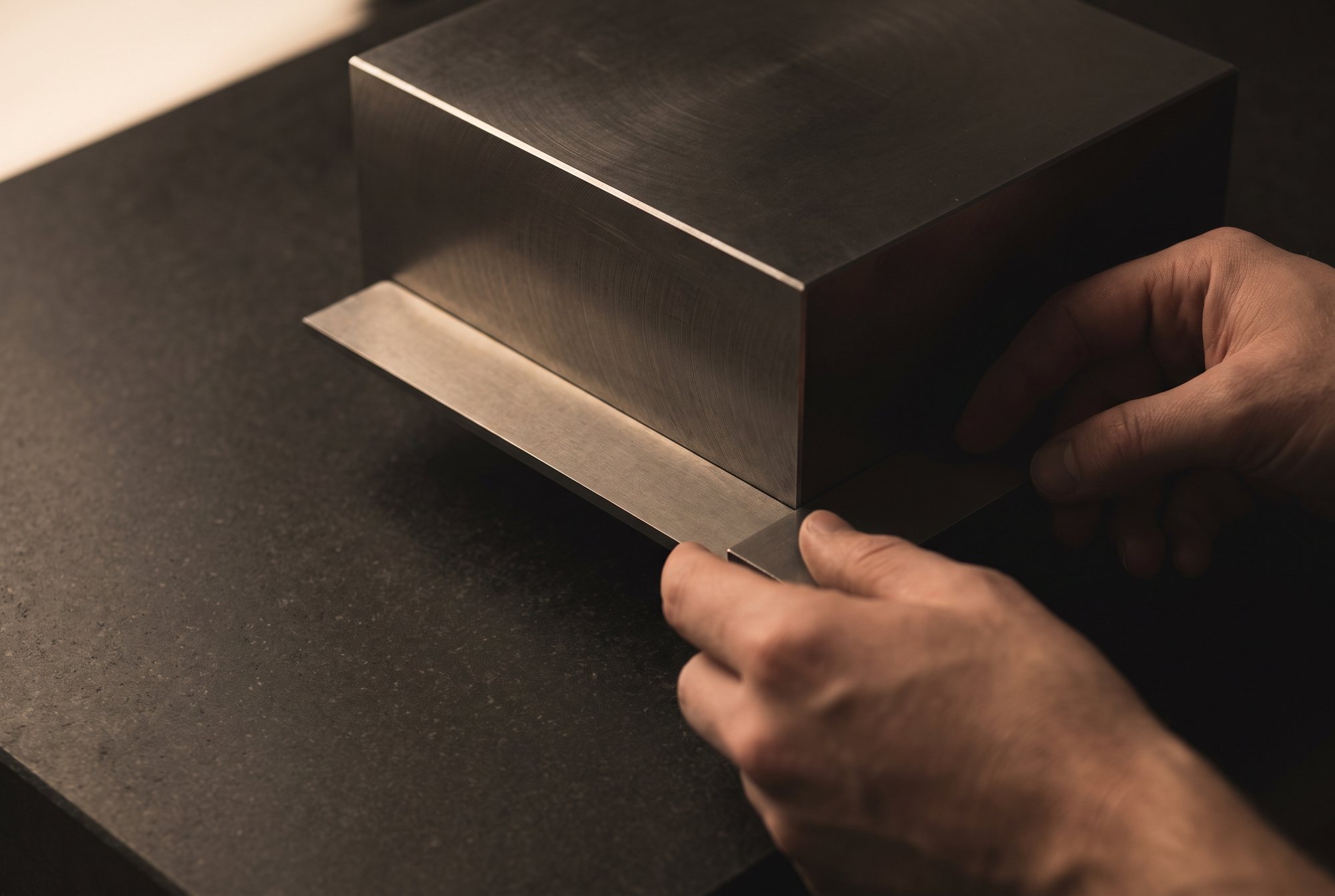 Two hands setting a machinist's square against a freshly machined steel edge on a dark stone plate, under one raking light.