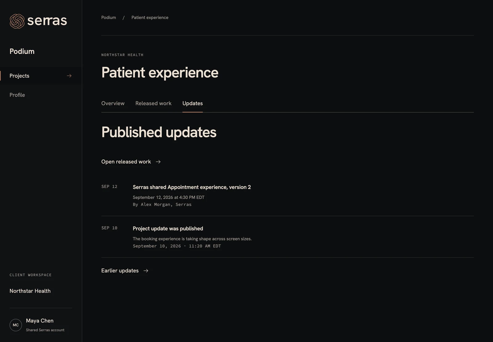 Podium: Published updates. Give clients a clear account of what changed.