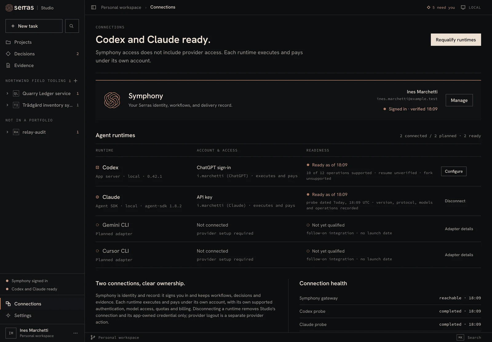 Studio: Runtime connections. Bring Codex and Claude into one place to direct delivery.